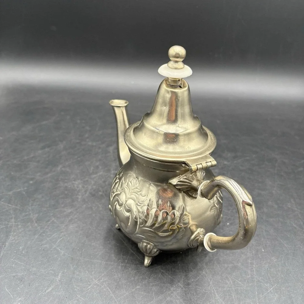 Vtg Moroccan HandMade Silverplate Footed Ornate Teapot Theirr Sidi Abderahmine